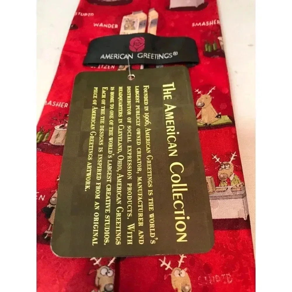 American Greetings Red 2005 Christmas Parody Reindeer 100% Silk Classic Neck Tie
